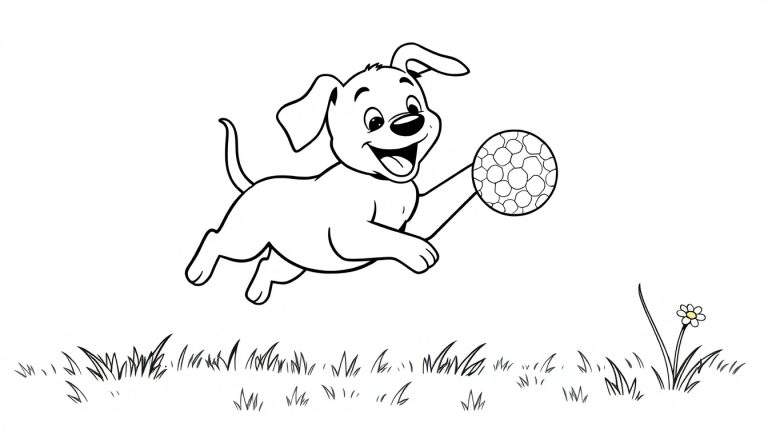 Un perrito feliz saltando en el aire para atrapar una pelota, listo para ser coloreado con una placa de color.