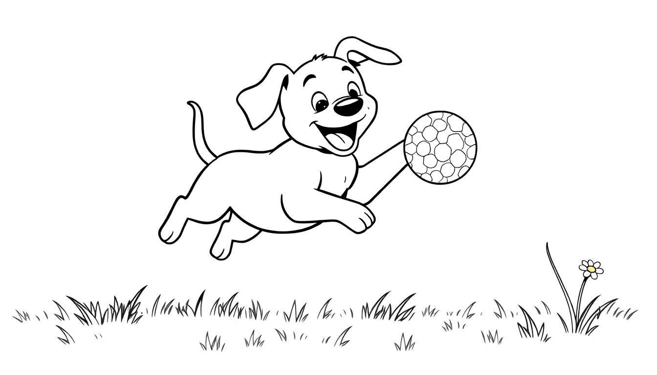 Un perrito feliz saltando en el aire para atrapar una pelota, listo para ser coloreado con una placa de color.