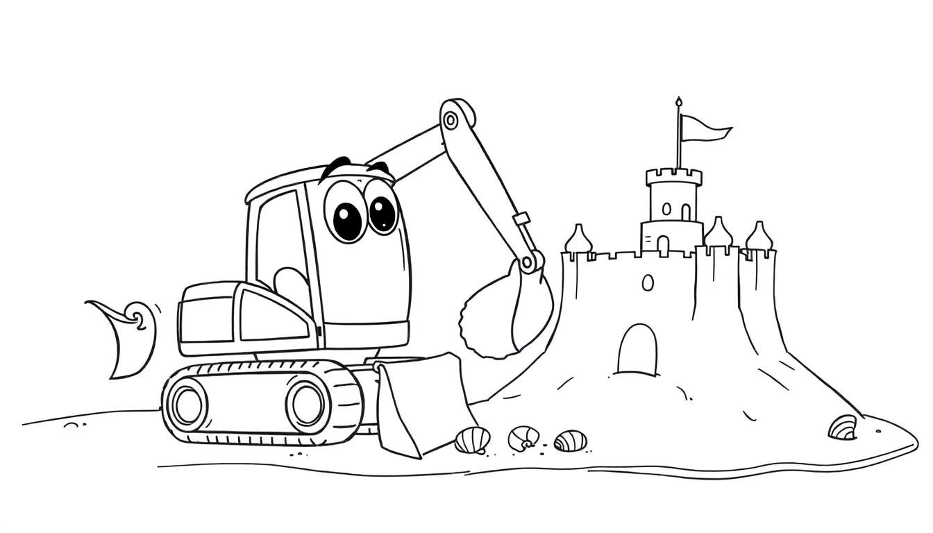 Una excavadora de dibujos animados construyendo un castillo de arena, lista para colorear en una placa de color.