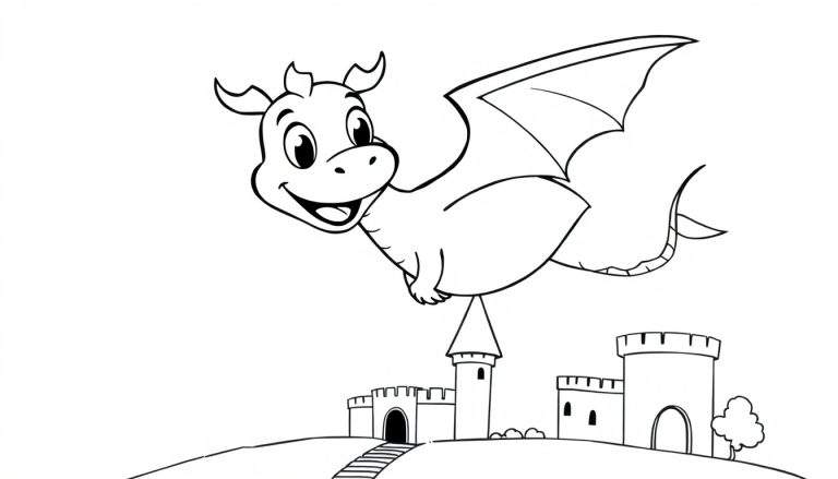 Placa de color de un dragón de caricatura sonriente volando sobre un castillo.