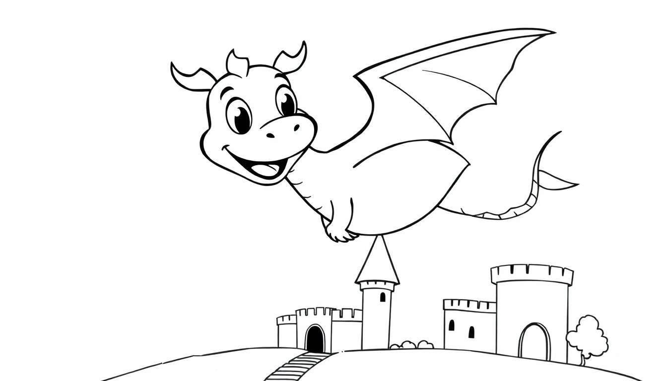 Placa de color de un dragón de caricatura sonriente volando sobre un castillo.