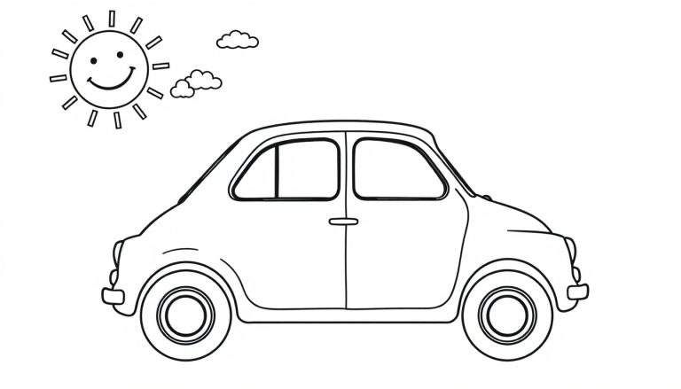 Un simpático Fiat 500 clásico listo para colorear, con ventanas grandes y un sol sonriente arriba. Una placa de color para que los niños la pinten.