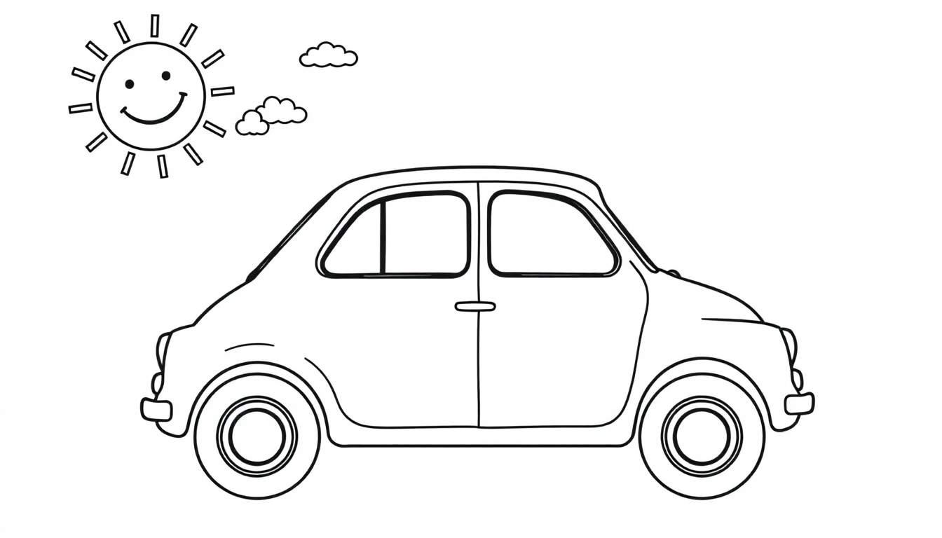 Un simpático Fiat 500 clásico listo para colorear, con ventanas grandes y un sol sonriente arriba. Una placa de color para que los niños la pinten.