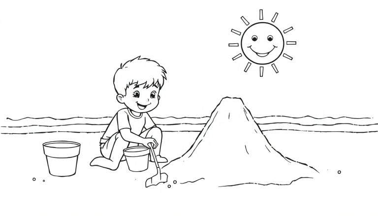 Placa de color de un niño construyendo un castillo de arena con un sol sonriente.