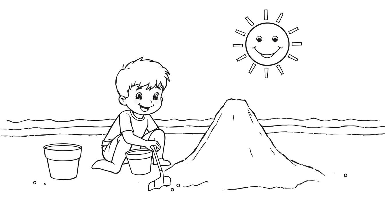 Placa de color de un niño construyendo un castillo de arena con un sol sonriente.
