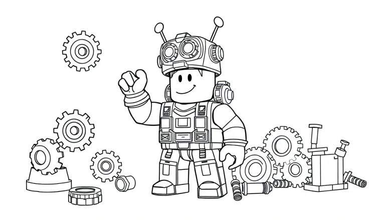 Un personaje de Roblox amigable con un casco y gafas grandes, construyendo algo con piezas mecánicas, listo para colorear en su placa de color.