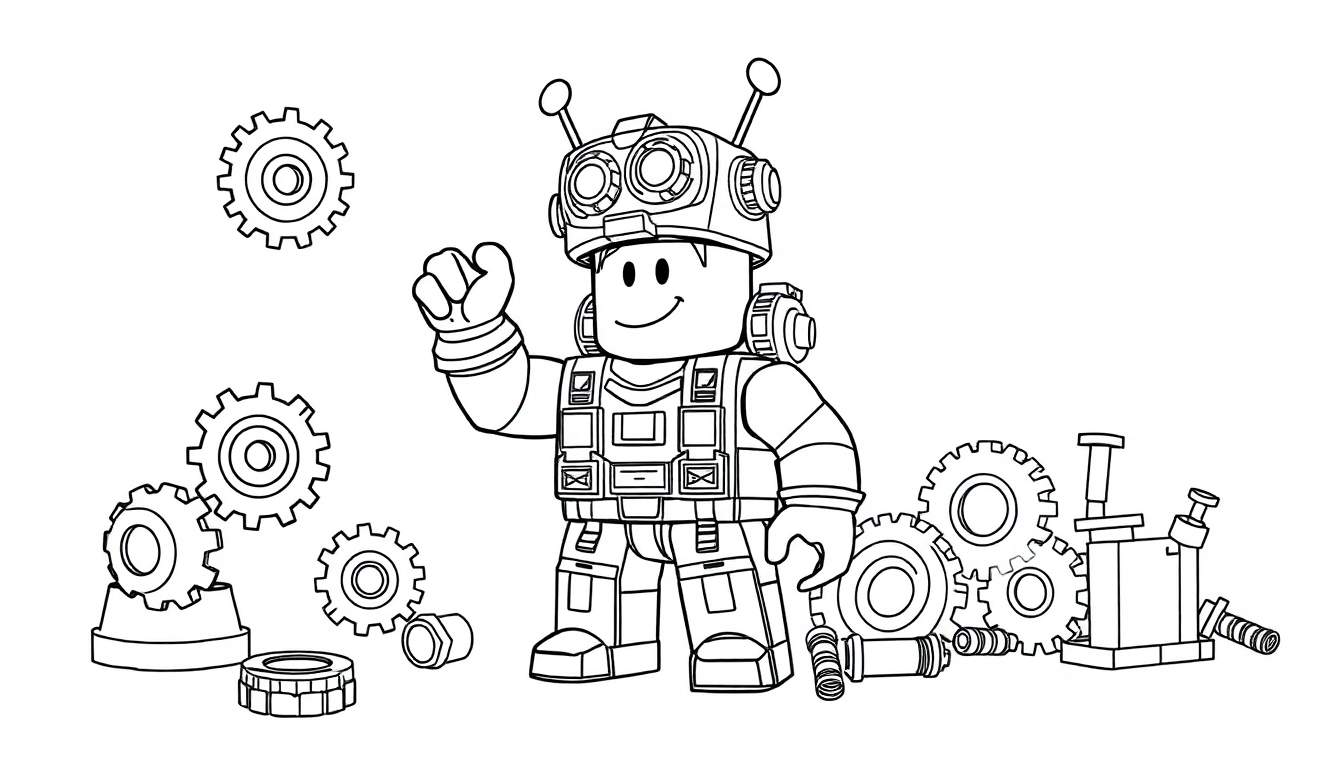 Un personaje de Roblox amigable con un casco y gafas grandes, construyendo algo con piezas mecánicas, listo para colorear en su placa de color.