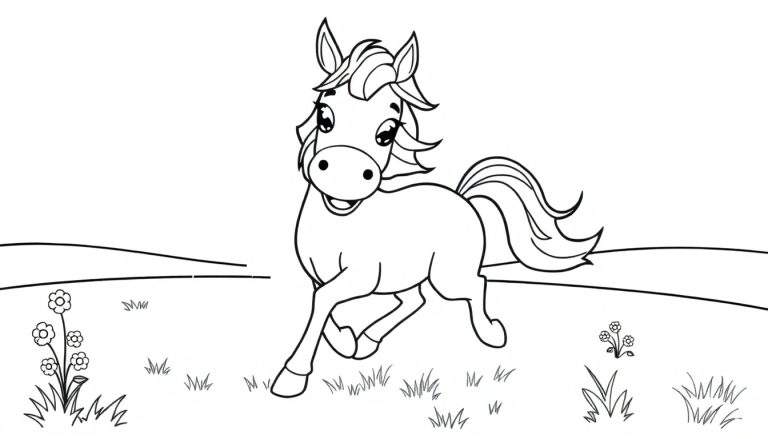 Caballo de dibujos animados galopando con melena y cola onduladas, en un campo con hierba y flores, para colorear.
