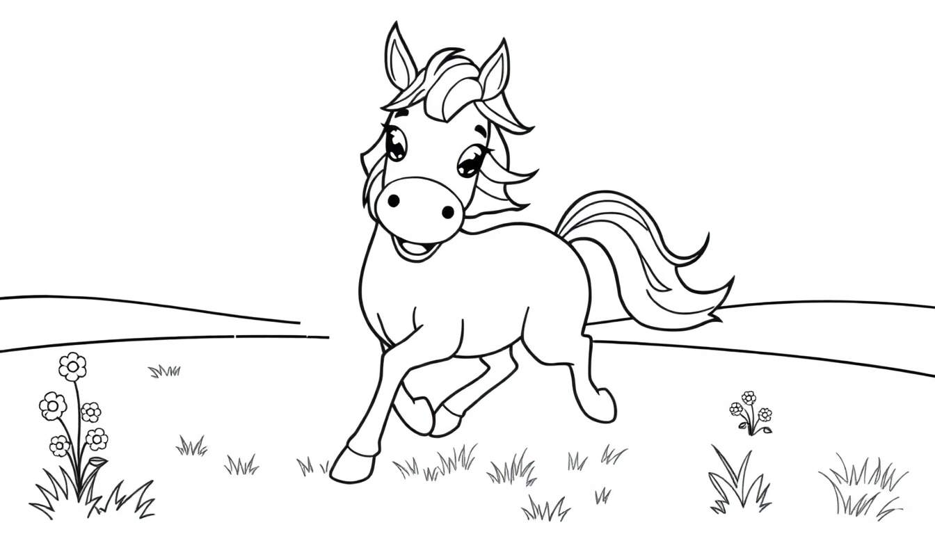 Caballo de dibujos animados galopando con melena y cola onduladas, en un campo con hierba y flores, para colorear.
