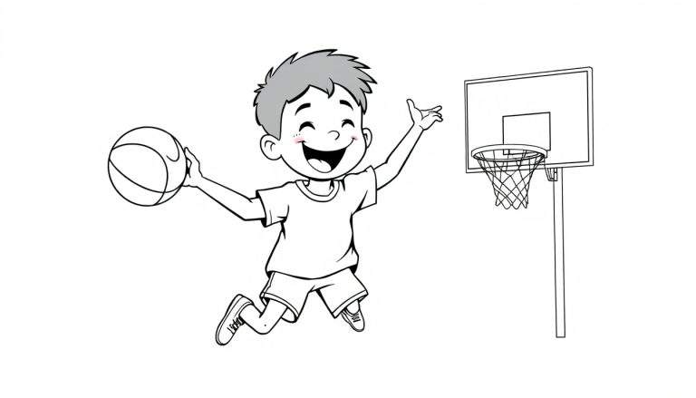 Un niño sonriente jugando al baloncesto, listo para lanzar la pelota a la canasta, con una placa de color en el borde inferior.