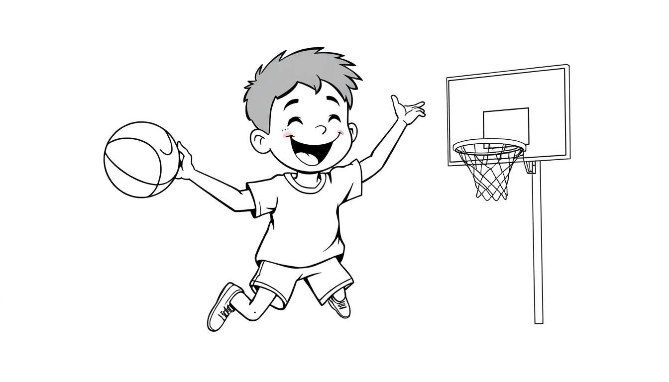 Un niño sonriente jugando al baloncesto, listo para lanzar la pelota a la canasta, con una placa de color en el borde inferior.