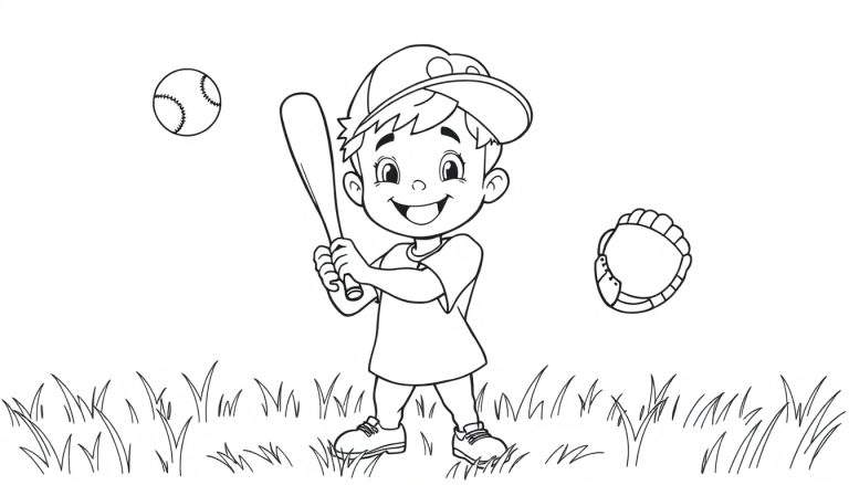 Niño sonriente con bate de béisbol y guante, listo para colorear en blanco y negro.