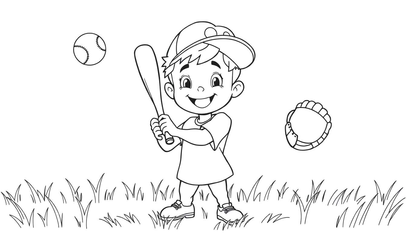 Niño sonriente con bate de béisbol y guante, listo para colorear en blanco y negro.