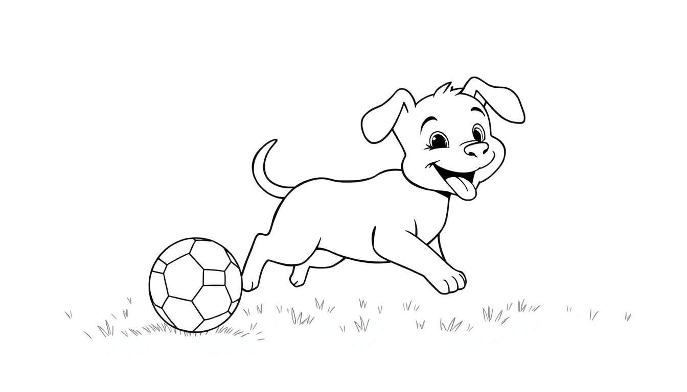 Placa de color: un perrito adorable persiguiendo una pelota de fútbol con una expresión de pura alegría.