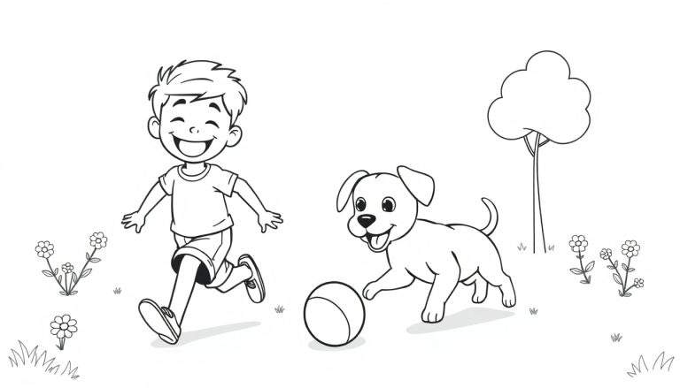 Página para colorear de un niño corriendo con un perro en un campo, con la palabra 'placa de color' destacada.
