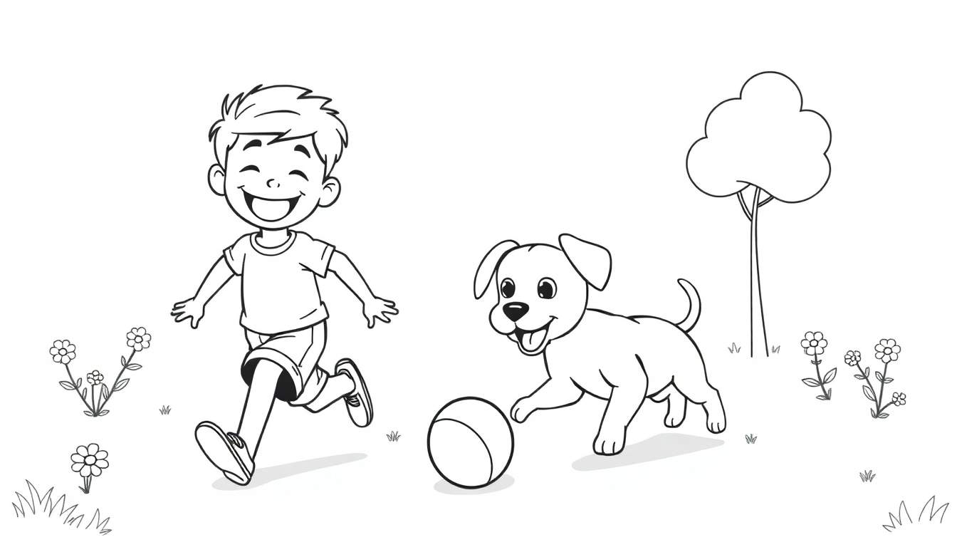 Página para colorear de un niño corriendo con un perro en un campo, con la palabra 'placa de color' destacada.