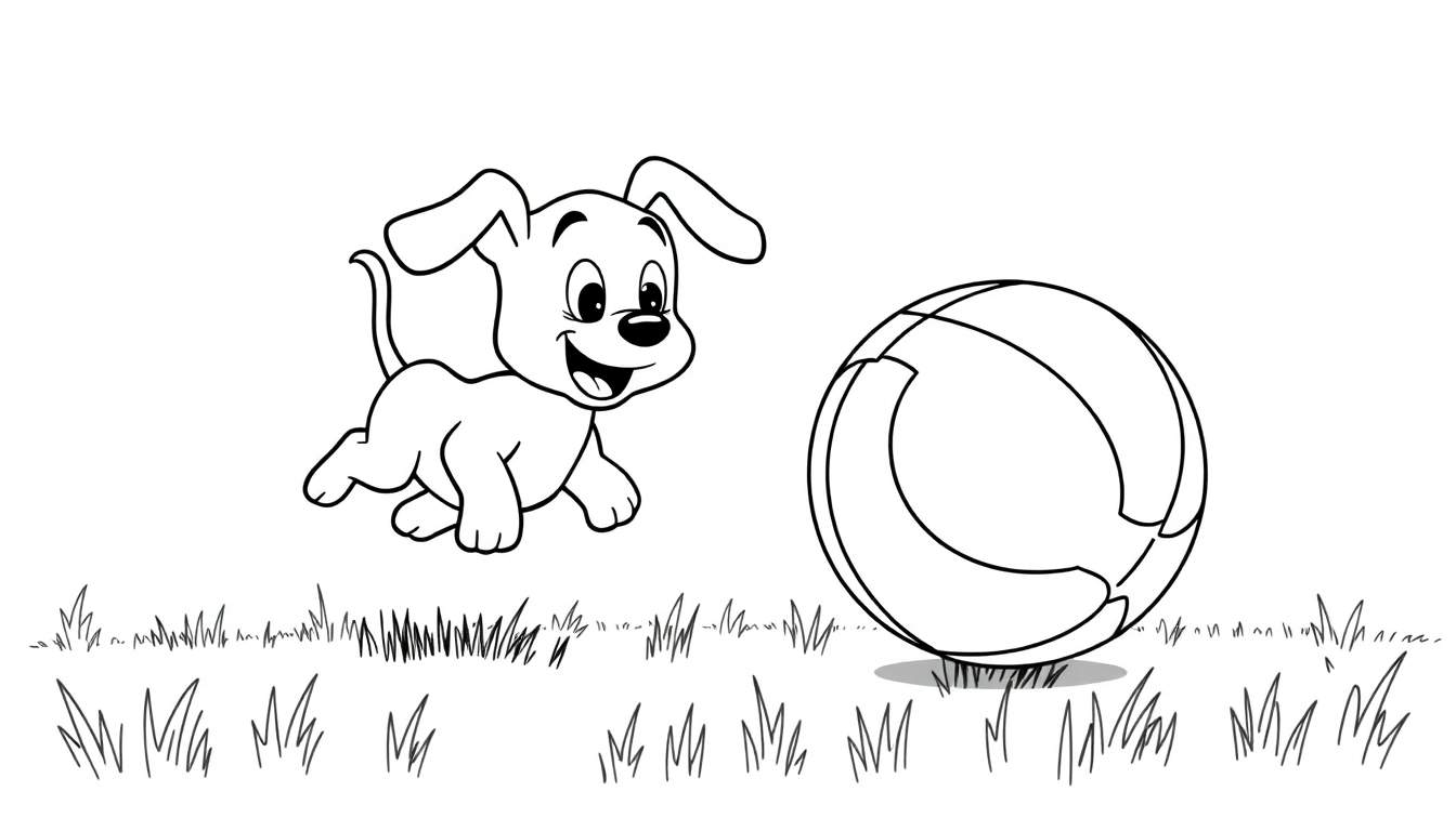 Página para colorear de un cachorro feliz jugando con una pelota, lista para la placa de color.