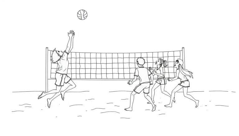 Placa de color para un partido de voleibol de playa, con un jugador saltando y otros reaccionando.