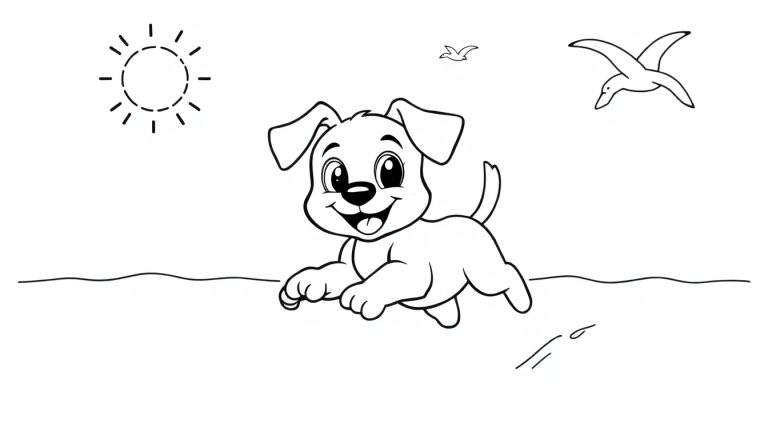 Placa de color de un perrito jugando felizmente en la arena de la playa, con un sol sonriente y gaviotas en el cielo.
