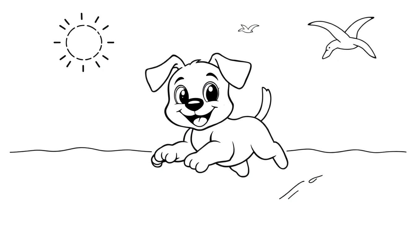 Placa de color de un perrito jugando felizmente en la arena de la playa, con un sol sonriente y gaviotas en el cielo.