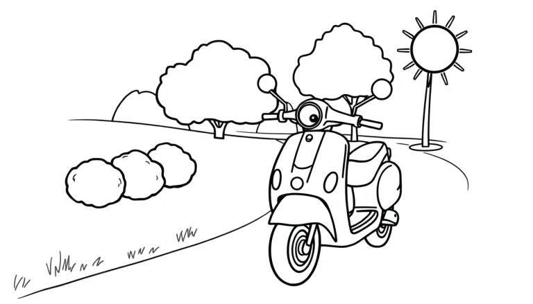 Dibujo lineal de una moto scooter sonriente en un parque con sol y árboles, listo para colorear con placa de color.