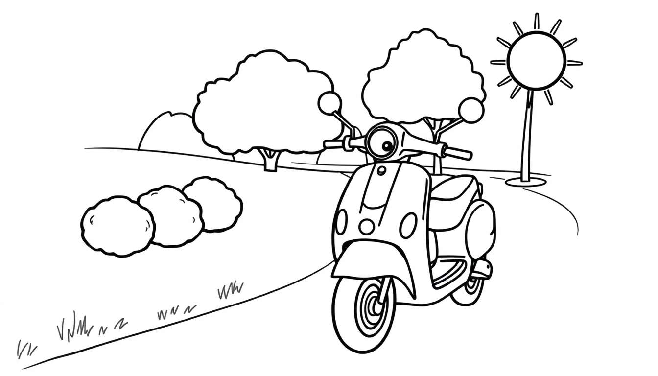Dibujo lineal de una moto scooter sonriente en un parque con sol y árboles, listo para colorear con placa de color.
