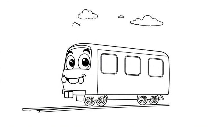 Tren de metro sonriente y amistoso, listo para colorear, con tres ventanas y nubes, perfecto para una placa de color.