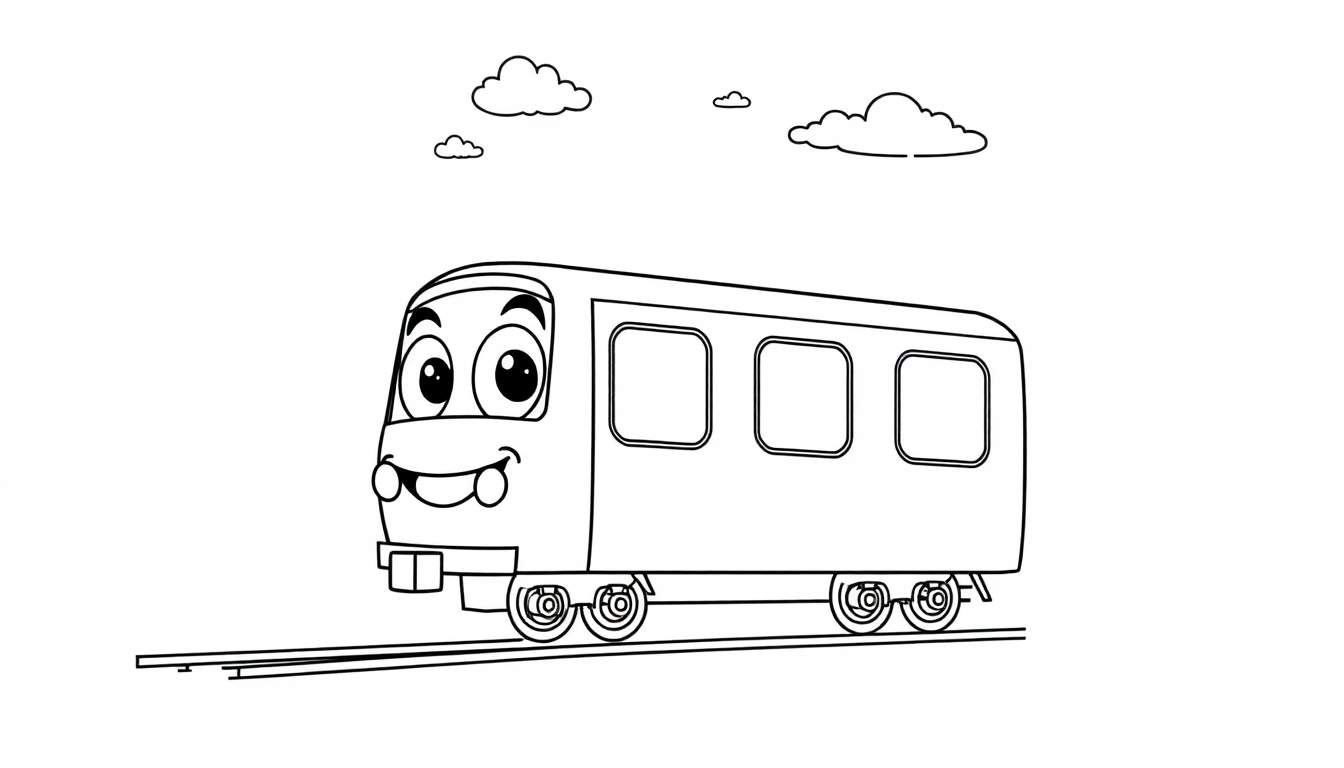 Tren de metro sonriente y amistoso, listo para colorear, con tres ventanas y nubes, perfecto para una placa de color.