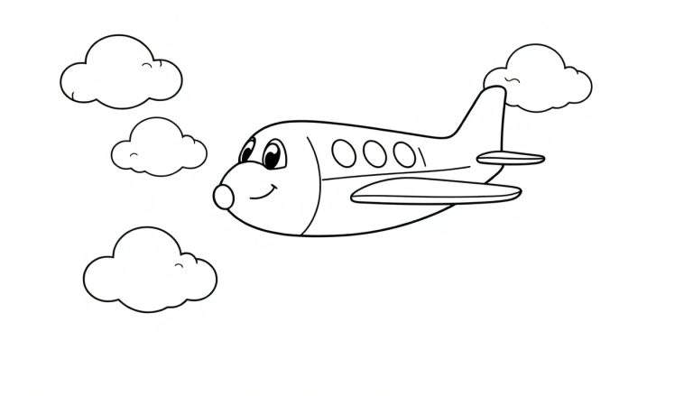 Placa de color de un avión simpático volando entre nubes.