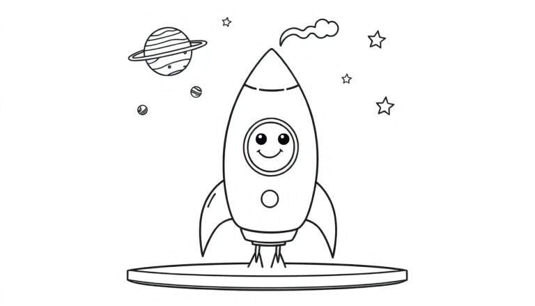 Placa de color: un cohete espacial amigable con una cara sonriente listo para despegar en un espacio lleno de estrellas y planetas.