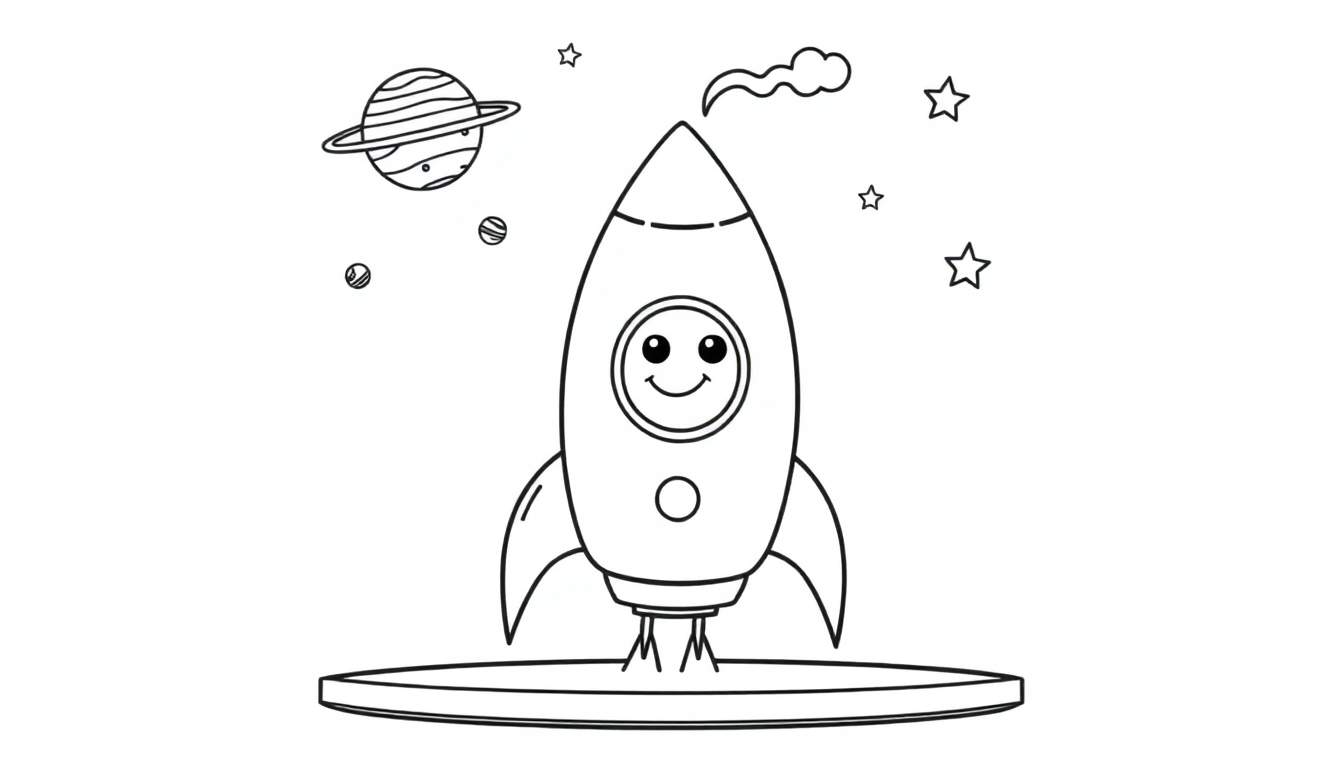 Placa de color: un cohete espacial amigable con una cara sonriente listo para despegar en un espacio lleno de estrellas y planetas.