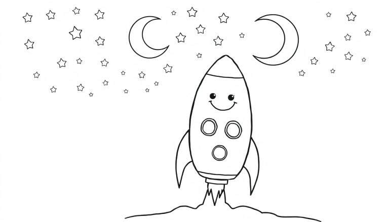 Cohete sonriente preparándose para el despegue en un cielo nocturno con estrellas y lunas, listo para colorear en esta placa de color.