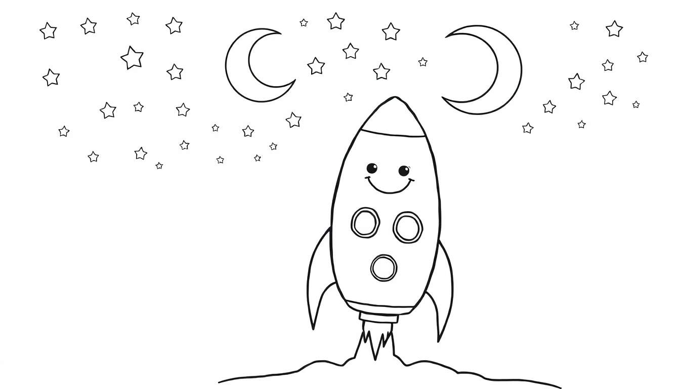 Cohete sonriente preparándose para el despegue en un cielo nocturno con estrellas y lunas, listo para colorear en esta placa de color.