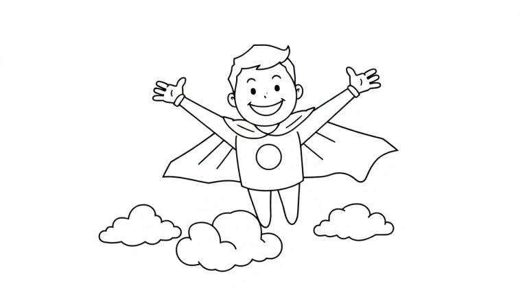 Placa de color de un niño superhéroe volando alegremente entre nubes.