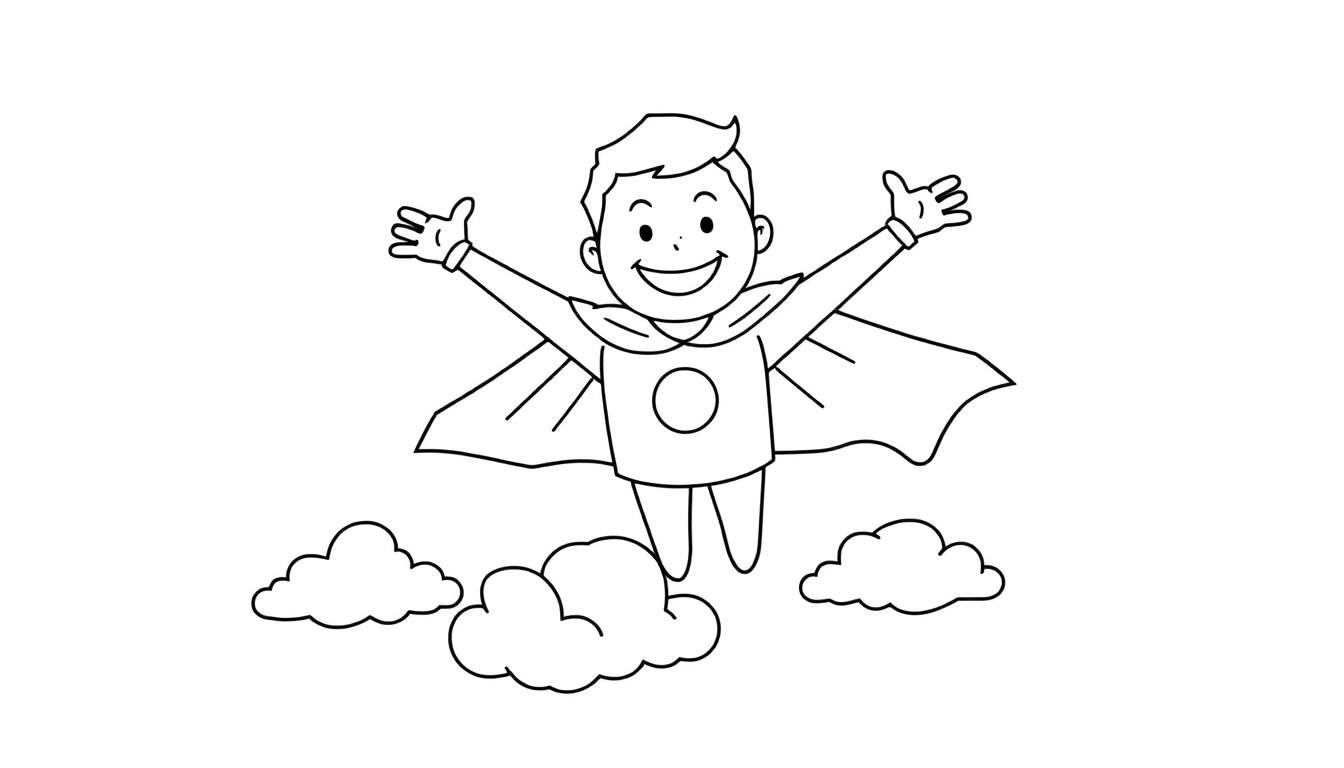 Placa de color de un niño superhéroe volando alegremente entre nubes.