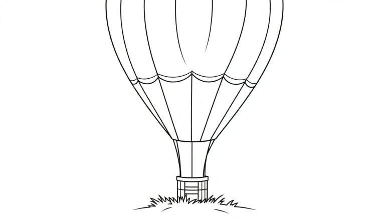 Un dibujo lineal de un globo aerostático listo para despegar, con líneas claras para colorear. Placa de color.