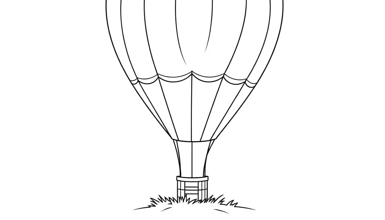 Un dibujo lineal de un globo aerostático listo para despegar, con líneas claras para colorear. Placa de color.
