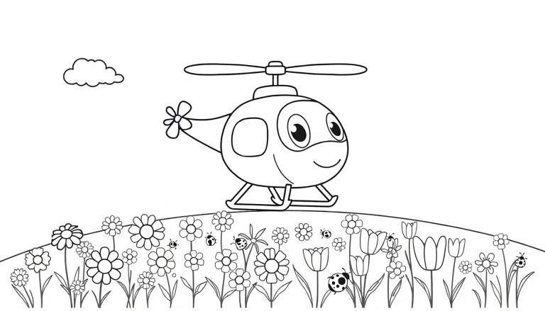 Helicóptero sonriente volando sobre un campo de flores listo para colorear, una placa de color.