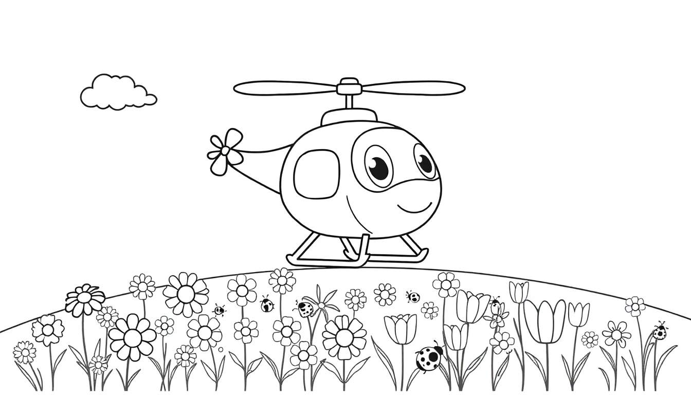 Helicóptero sonriente volando sobre un campo de flores listo para colorear, una placa de color.