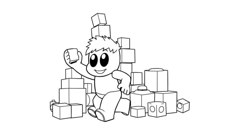 Niño de Roblox en página para colorear con placa de color, jugando con bloques.
