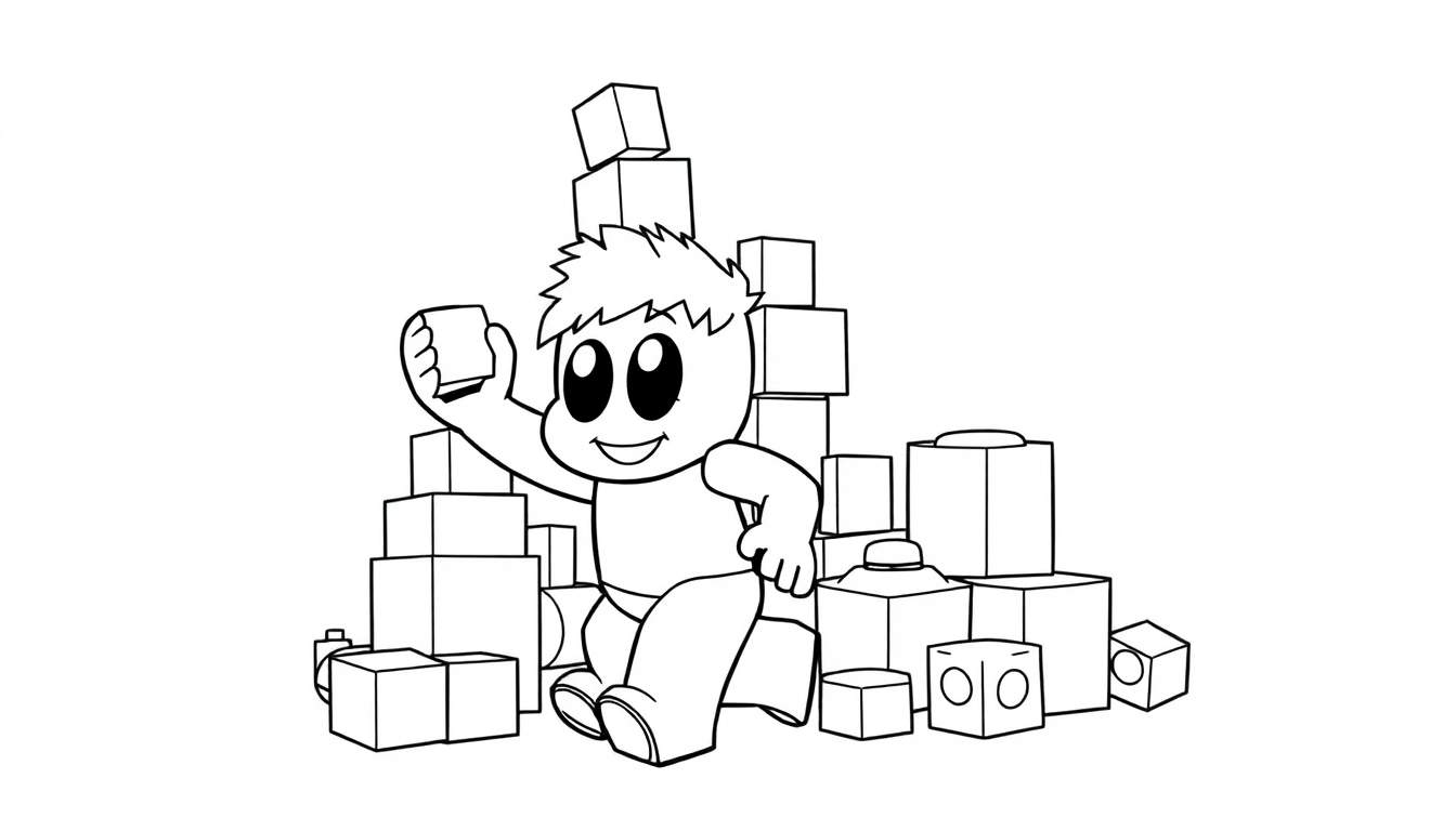 Niño de Roblox en página para colorear con placa de color, jugando con bloques.