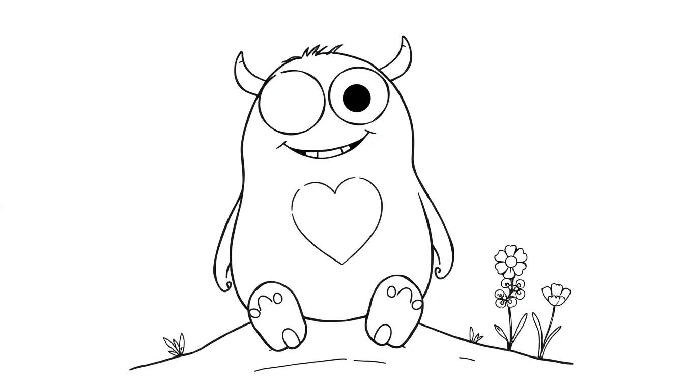 Placa de color de un monstruo amigable con un gran corazón y flores.