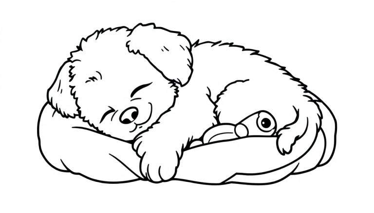 Un adorable cachorrito dormido en su manta, listo para colorear en una placa de color.