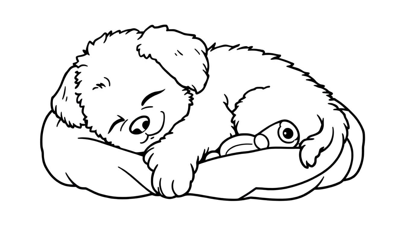 Un adorable cachorrito dormido en su manta, listo para colorear en una placa de color.