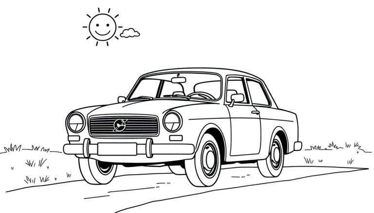 Un dibujo de un coche clásico listo para colorear con la placa de color.