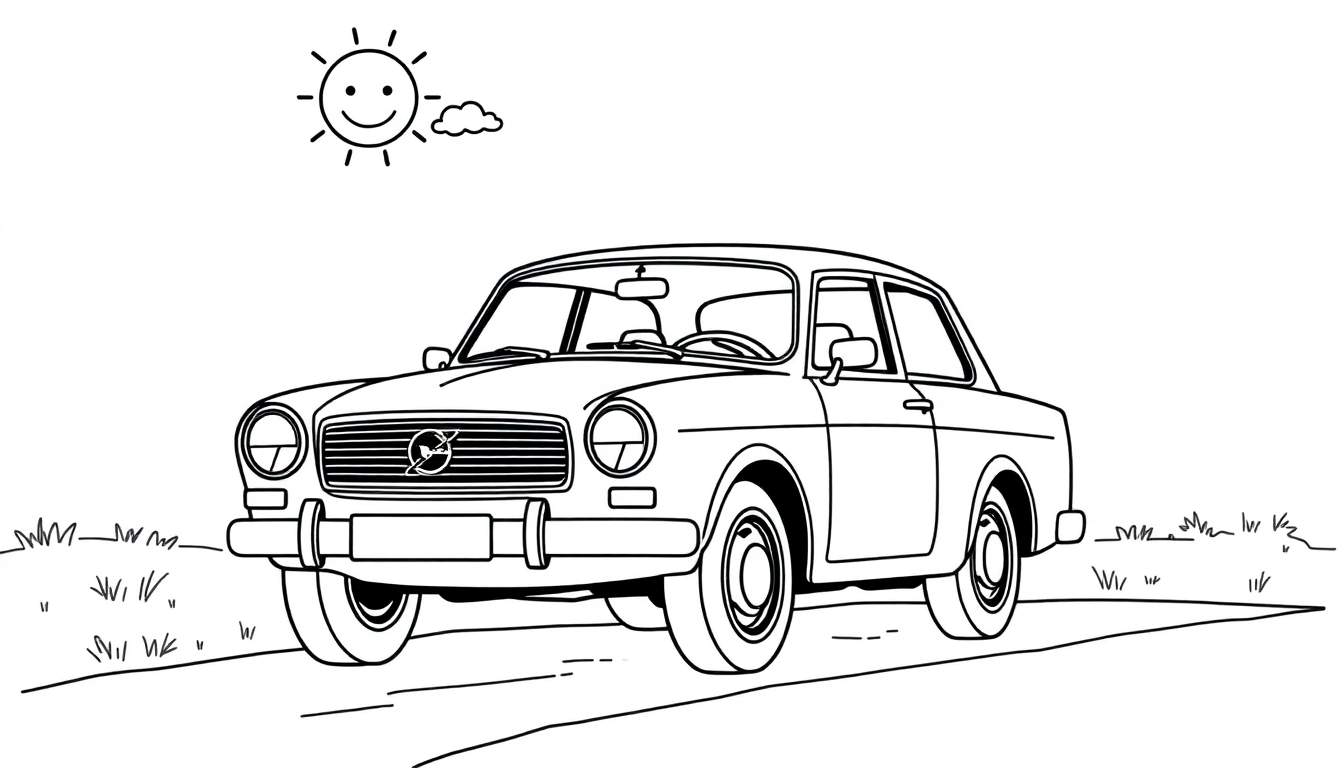 Un dibujo de un coche clásico listo para colorear con la placa de color.