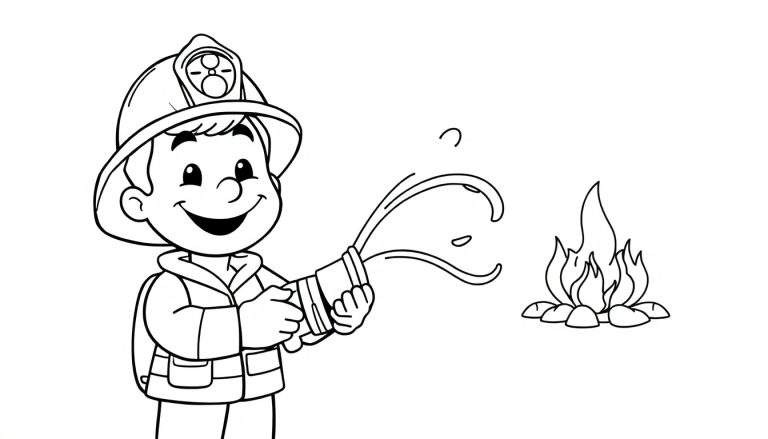 Placa de color de un bombero sonriente apagando un fuego con una manguera.