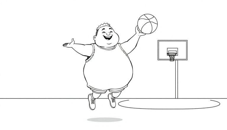Un personaje de dibujos animados amistoso lanzando una pelota de baloncesto, listo para colorear.