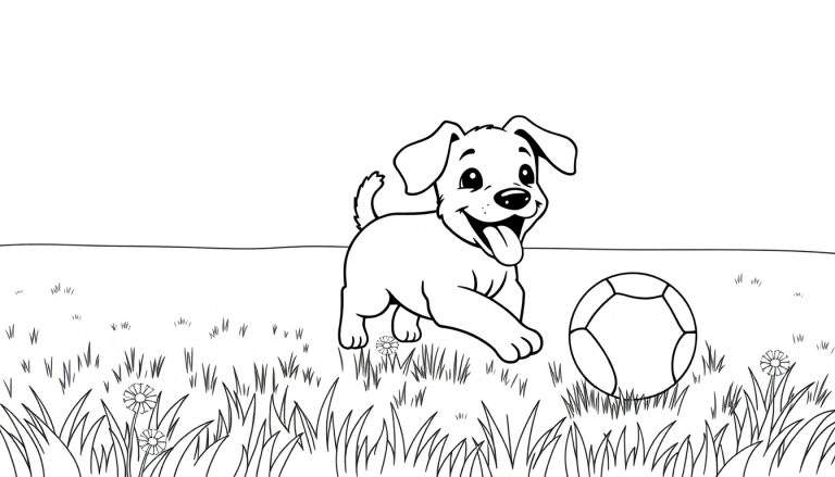 Placa de color de un cachorro feliz persiguiendo una pelota en la hierba.