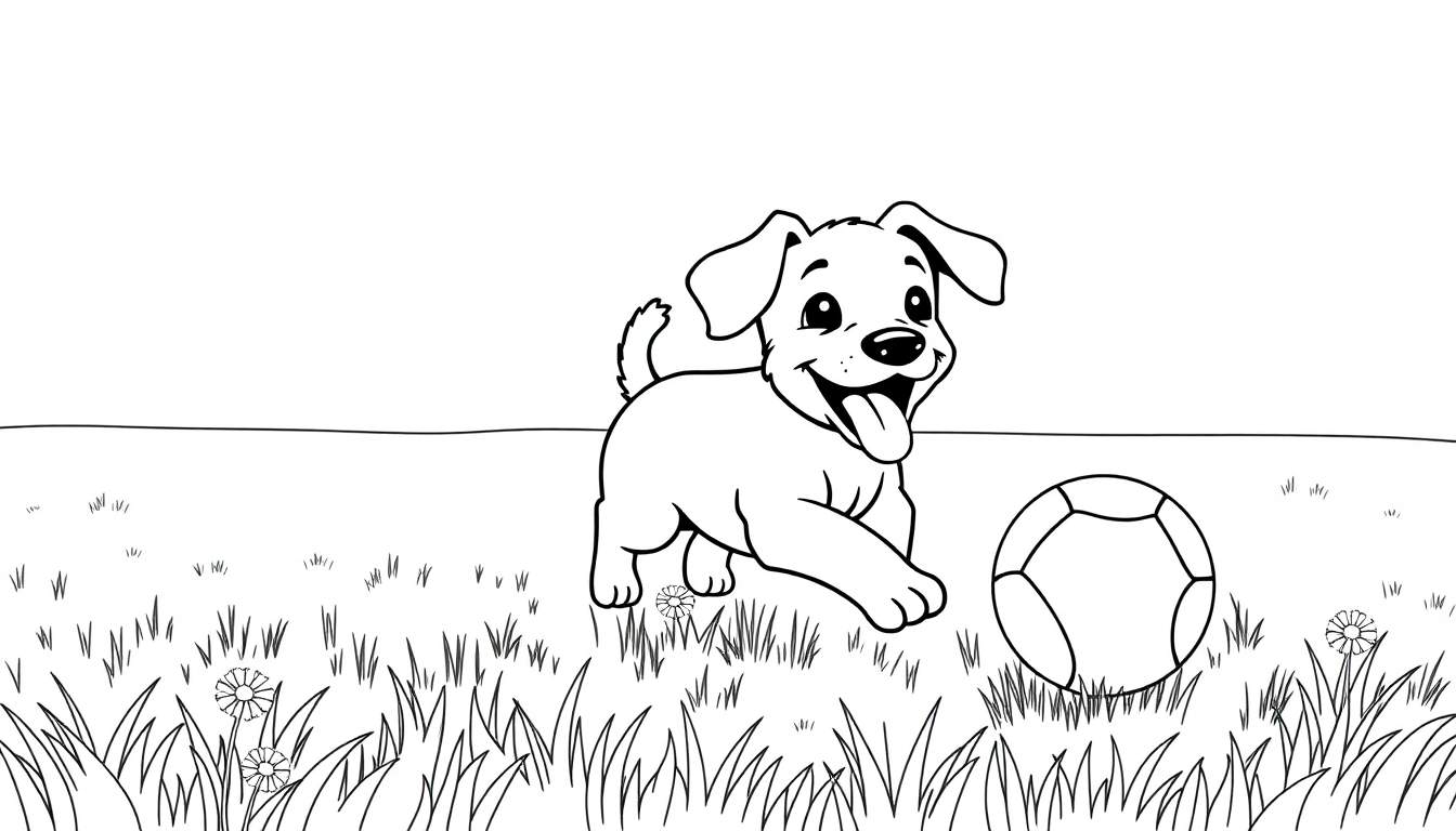 Placa de color de un cachorro feliz persiguiendo una pelota en la hierba.